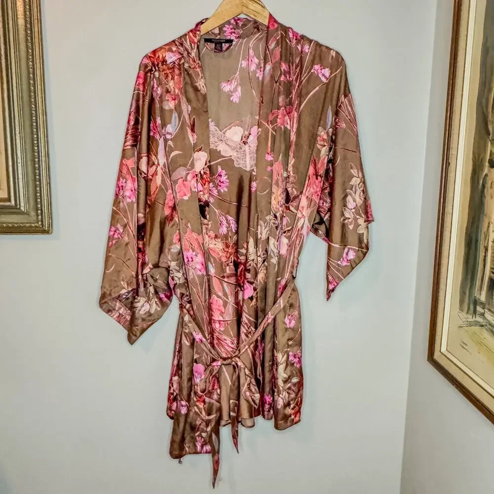 Midnight Bakery Floral Satin Kimono Robe & Lace Trim Slip Dress Set Size L